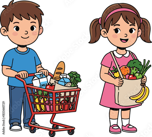 Cartoon boy pushing shopping cart full of groceries, girl carrying grocery bag, healthy food, kids shopping, happy children, grocery shopping.