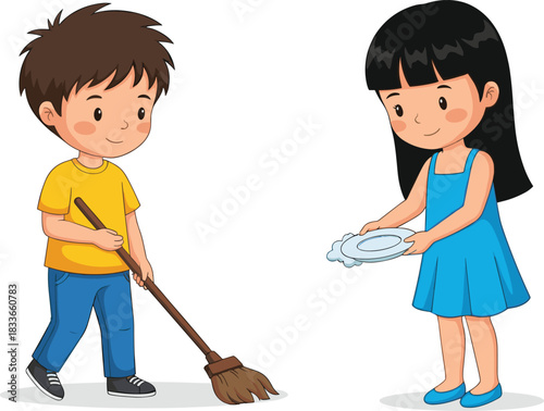 Cartoon boy sweeping floor and girl washing dishes, children doing house chores, helping parents, learning responsibility, happy kids working together