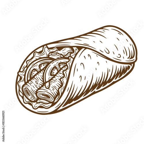 Detailed brown sketch of a delicious burrito with fillings in a hand drawn vintage style