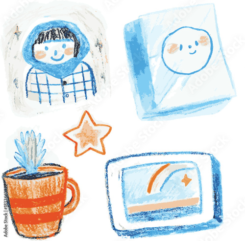 Cozy Comfort Collection: A charming compilation of hand-drawn illustrations showcasing a snug figure, a gift, a warm cup, and a glowing screen, radiating a sense of warmth and comfort.