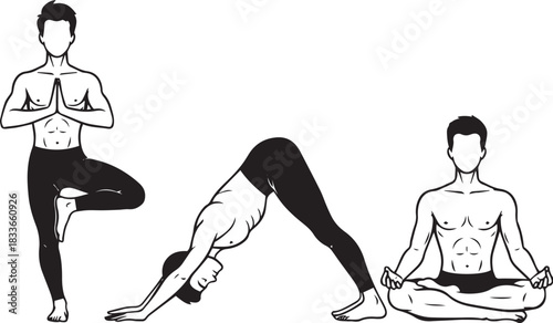 Men in yoga poses downward dog tree pose and meditation