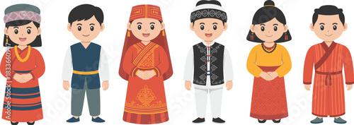 Cartoon characters of children wearing traditional Asian ethnic clothes, cultural diversity, folk costumes, heritage fashion, multicultural outfits, illustration vector