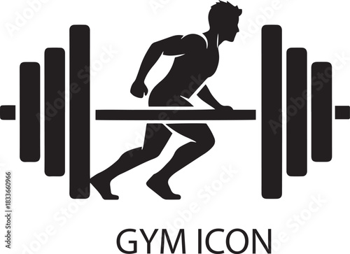Silhouette of man running on a barbell in gym icon