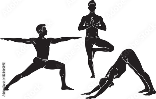 Silhouettes of men performing yoga warrior tree and downward dog
