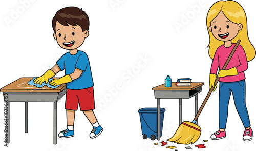 Cartoon children cleaning, teamwork, chores, wiping desk, sweeping floor, gloves, trash bin, responsibility, hygiene, organization, educational, cute, fun, helpful