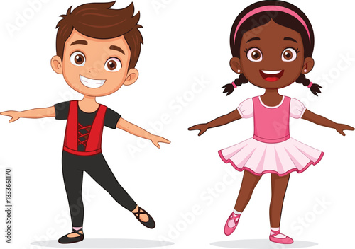 Cartoon children dancing ballet, classical dance, pink costume, cultural activity, expressive movement, ballet pose, kids performance, artistic expression, cheerful illustration, diversity