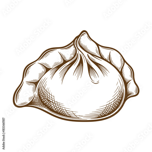 Detailed sketch of a delicious steamed dumpling in vintage engraved style for culinary designs