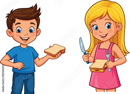 Cartoon children eating sandwiches, smiling kids, food illustration, lunch time, cute boy and girl, picnic snack, cheerful meal scene, colorful drawing