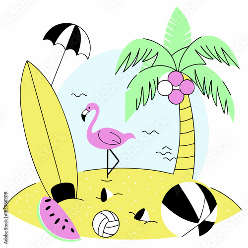 Summer Daydream: An inviting illustration of a tropical paradise, featuring a flamingo, a palm tree, a surfboard, and a beach ball, evoking feelings of relaxation and warm sunny days.