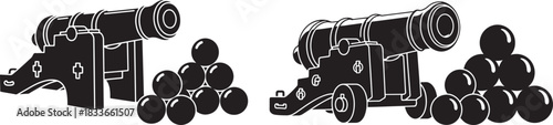 Two old cannons with cannonballs silhouette