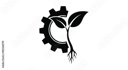 A striking depiction of a plant growing from a gear showcasing industrial nature synergy silhouette