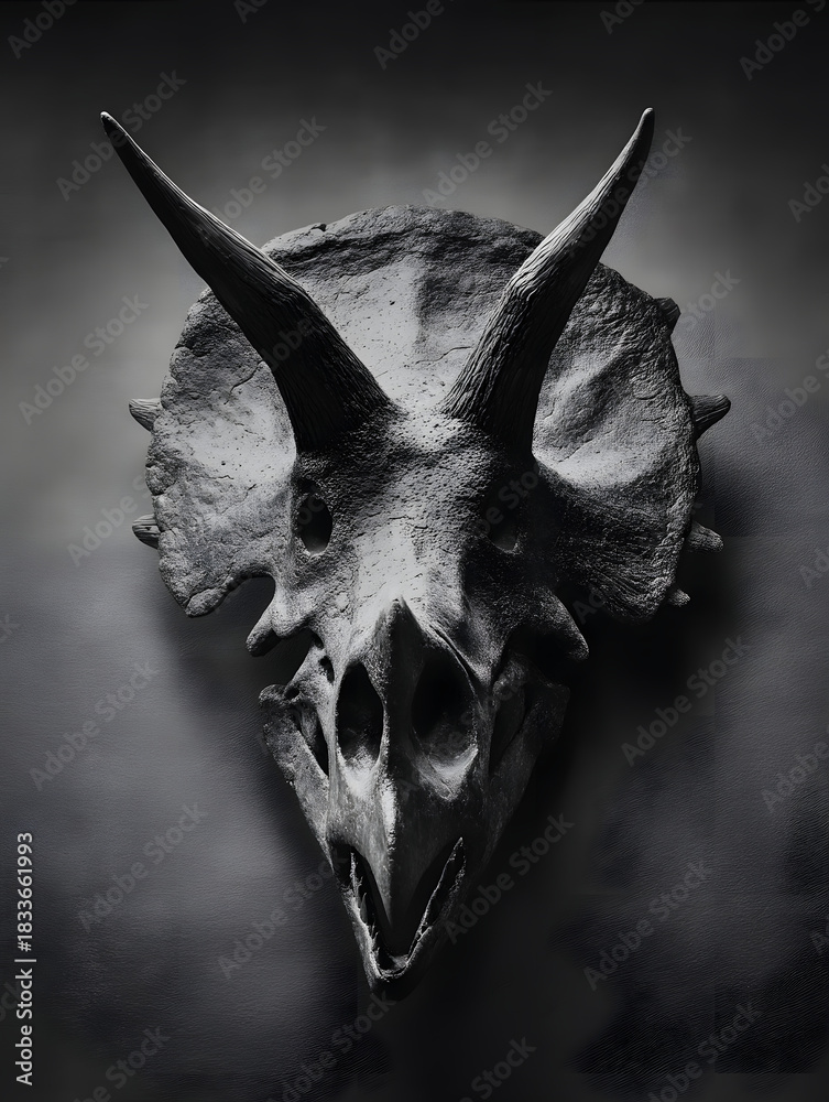 Fototapeta premium Monochrome Triceratops Fossil Skull Cinematic Paleontology