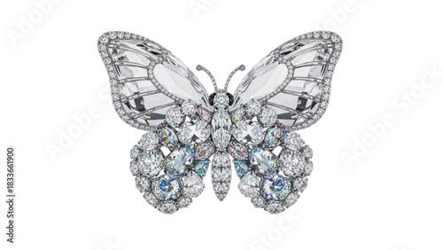 An exquisite butterfly brooch made of sparkling diamonds and precious gemstones on a white background
