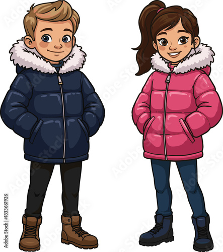 Cartoon children in warm winter jackets, boy in blue coat, girl in pink coat, stylish kids winter fashion illustration