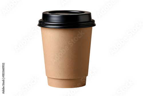 Brown paper coffee cup with black lid isolated on transparent background