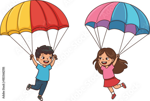 Cartoon children parachuting, kids skydiving illustration, colorful parachutes, playful adventure, outdoor fun, happy descent, recreational flight, joyful airborne moment