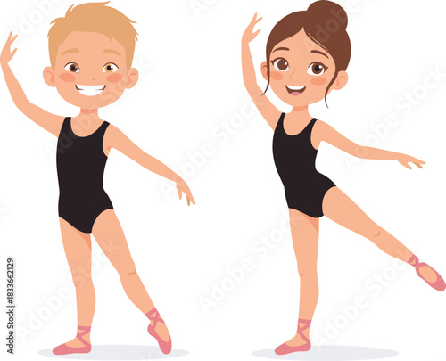 Cartoon children performing ballet, black leotard, pink shoes, elegant pose, dance expression, cheerful illustration, kids movement, classical art, posture, discipline