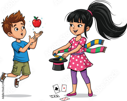 Cartoon children performing magic trick, floating apple, magician girl, surprised boy, colorful illustration, fantasy scene, playful, fun, white background