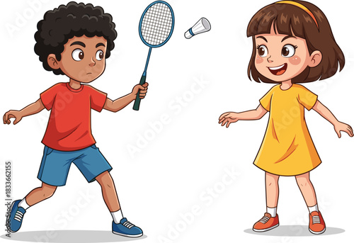 Cartoon children playing badminton together outdoors, boy with racket and girl watching shuttlecock, fun sports activity for kids illustration