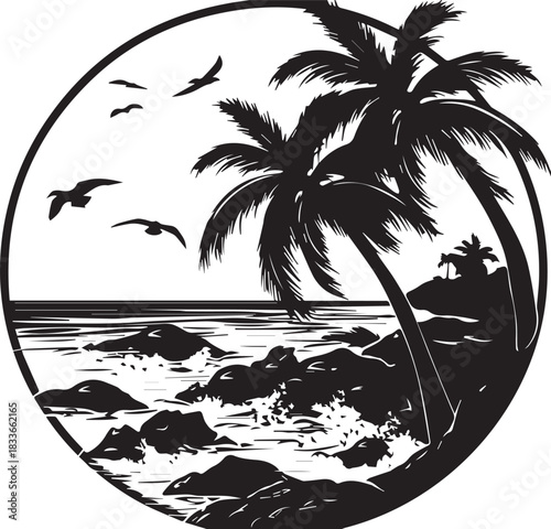 Tropical Paradise Silhouette: A serene scene unfolds, showcasing palm tree silhouettes, gentle waves, soaring seagulls, and the calming expanse of the ocean.