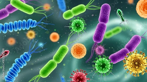 Animated rendering of various bacteria and viruses floating in a liquid environment