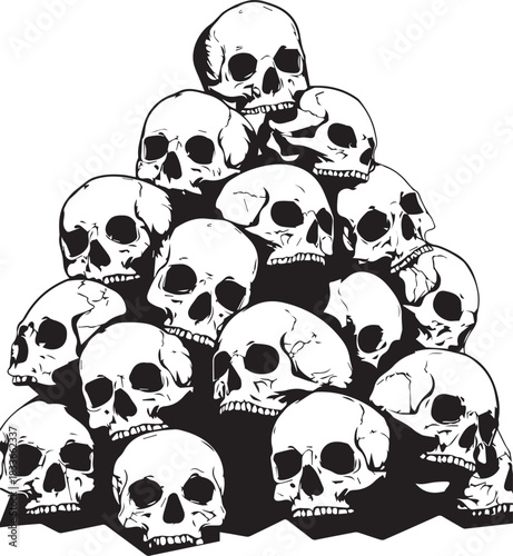 Pile of Skulls: A stark illustration of a pile of skulls, symbolizing mortality, danger, or the passage of time. The contrasting black and white emphasizes the details of each skull.