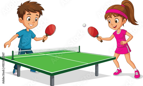 Cartoon children playing table tennis, boy and girl illustration, ping pong game concept, fun sports activity, colorful childhood artwork, playful design
