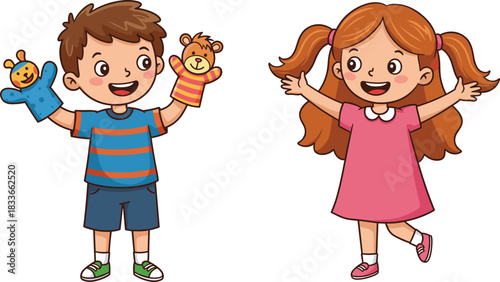 Cartoon children playing with hand puppets, joyful boy and girl illustration, colorful kids art, fun educational concept, cheerful character design