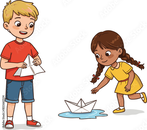 Cartoon children playing with paper boat, boy folding origami, girl placing boat in water, fun kids outdoor summer activity illustration