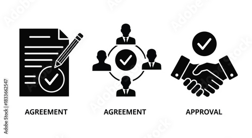 Business agreement and approval icons symbolizing contract, teamwork, and partnership.