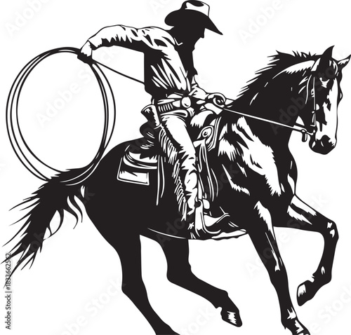Cowboy on horseback: A cowboy, astride his horse, deftly maneuvers a lasso, capturing the essence of the wild west with this timeless depiction.