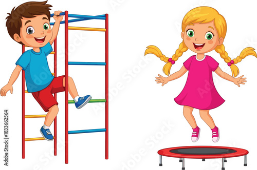 Cartoon children playing, boy climbing colorful ladder, girl jumping trampoline, fun kids activity, outdoor exercise, childhood fitness, happy playtime illustration
