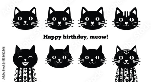 Joyful black cats celebrate with "Happy birthday, meow!" greeting