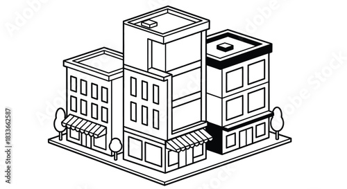 Isometric illustration of modern city buildings with awnings and trees