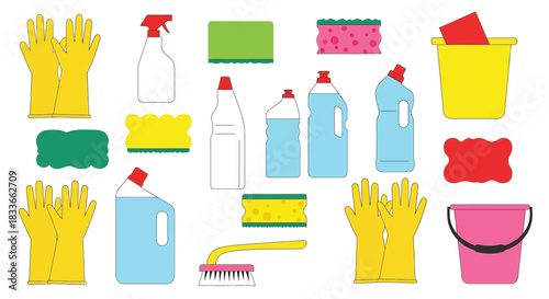 Brightly colored cleaning supplies arranged for household chores and disinfection