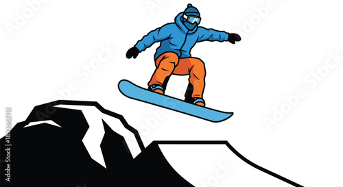 Excited snowboarder performing a jump over a snow-covered ramp against a white background.