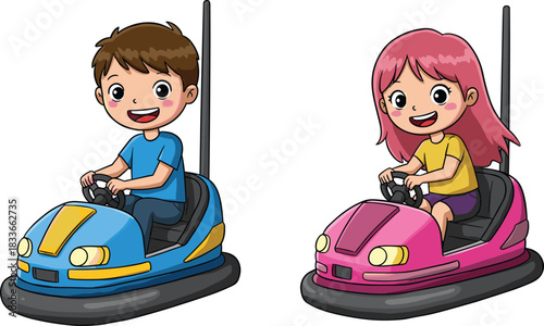 Cartoon children riding bumper cars, amusement park fun, smiling boy and girl, colorful vector illustration, playful activity, isolated white background