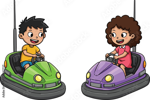 Cartoon children riding bumper cars, amusement park activity, smiling boy and girl, colorful vector illustration, playful fun, isolated white background