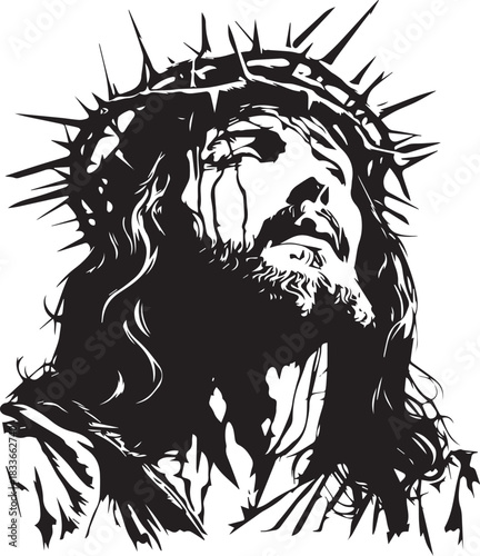 Symbol of Faith: An artistic depiction of a figure adorned with a crown of thorns, a powerful symbol of faith, sacrifice, and spiritual devotion.