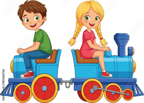 Cartoon children riding toy train, colorful wheels, smiling faces, playful activity, happy kids, blue engine, pink dress, fun, joy, illustration