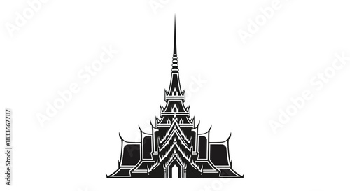 Intricate thai temple architecture depicted in a striking black and white silhouette