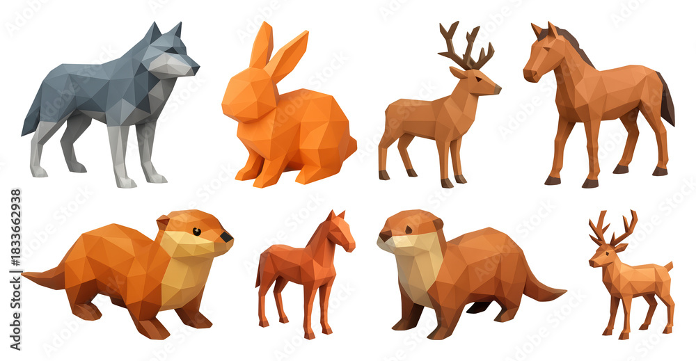 Naklejka premium PNG Low-poly woodland animal models, element set on transparent background