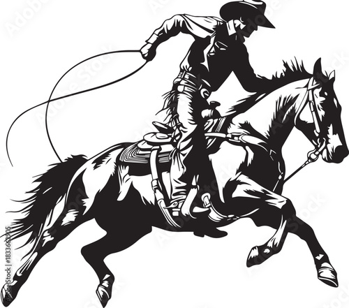 Cowboy's Chase: A skilled cowboy, astride his galloping steed, fearlessly pursues his target with a skillfully wielded lasso, embodying the spirit of the Wild West.