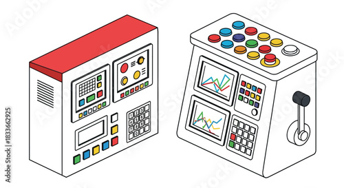 Futuristic control panels with colorful buttons and digital displays