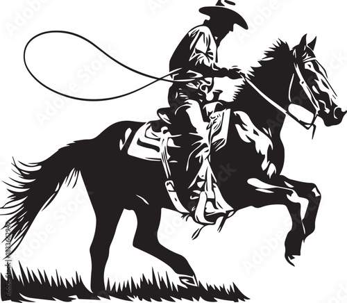 Cowboy Silhouette: A striking silhouette of a cowboy, astride a powerful horse, skillfully maneuvering a lasso against a backdrop of open space and adventure.