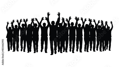 Silhouettes of a cheering crowd with raised arms isolated on white background, Vector