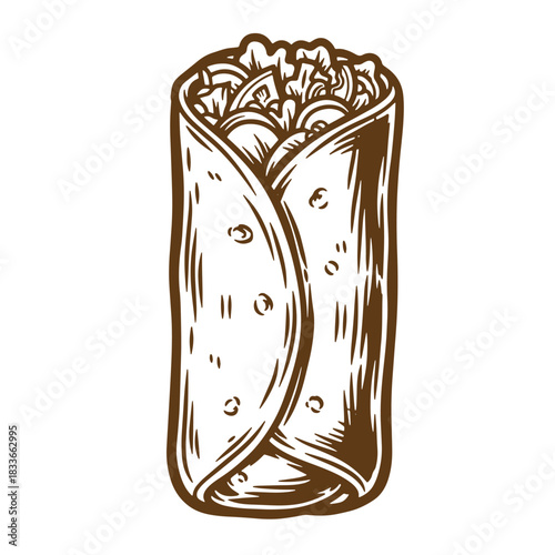 Hand drawn sketch illustration of a delicious burrito with fillings in a vintage style