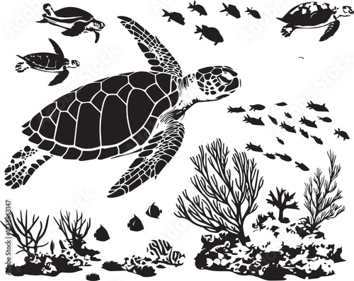 Sea Turtle illustration : The stunning illustration captures the grace of marine turtles in the depths of the ocean, surrounded by an array of marine life and vibrant coral reefs.  