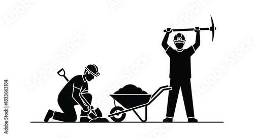 Construction workers diligently digging and transporting soil with wheelbarrow and tools on white background.
