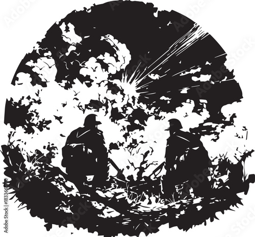 Hidden Battlefield: Shadowy figures of soldiers navigate a war-torn landscape, silhouetted against a backdrop of battle. Evoking a sense of tension and stealth amidst the chaos of conflict.